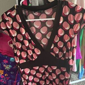 Chic V-Neck Dress with Pink and Brown Circles